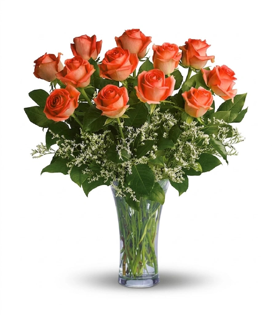 Bouquet de 12 Roses Oranges à Longue Tige