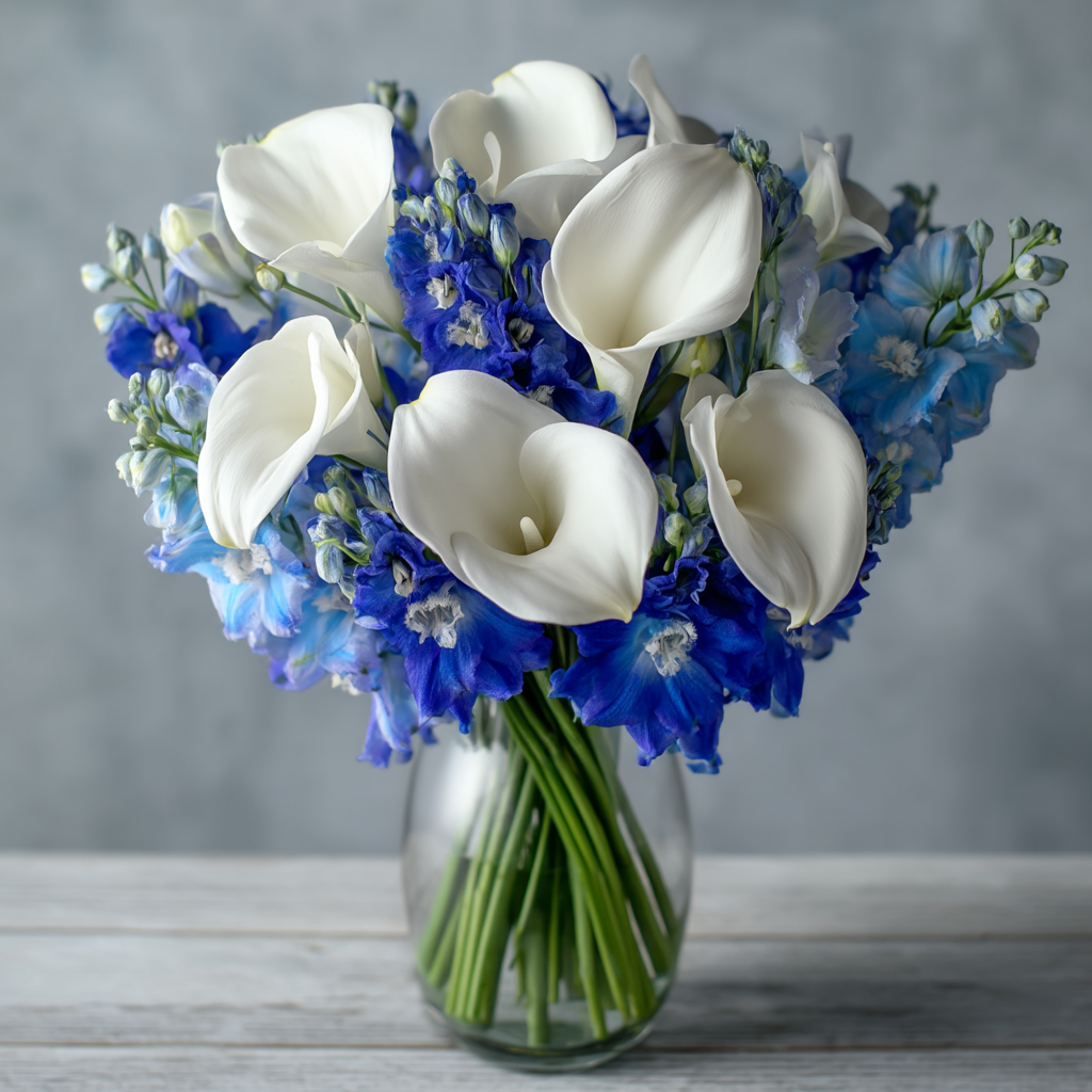 Arrangement Floral Élégant "Joie Bleue et Blanche" - Lys Calla Blancs et Delphinium Bleu