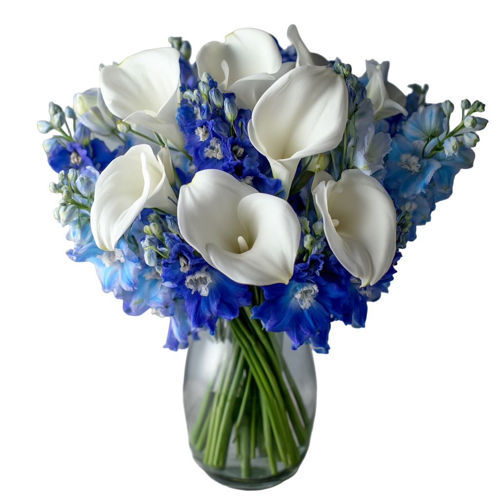 Arrangement Floral Élégant "Joie Bleue et Blanche" - Lys Calla Blancs et Delphinium Bleu