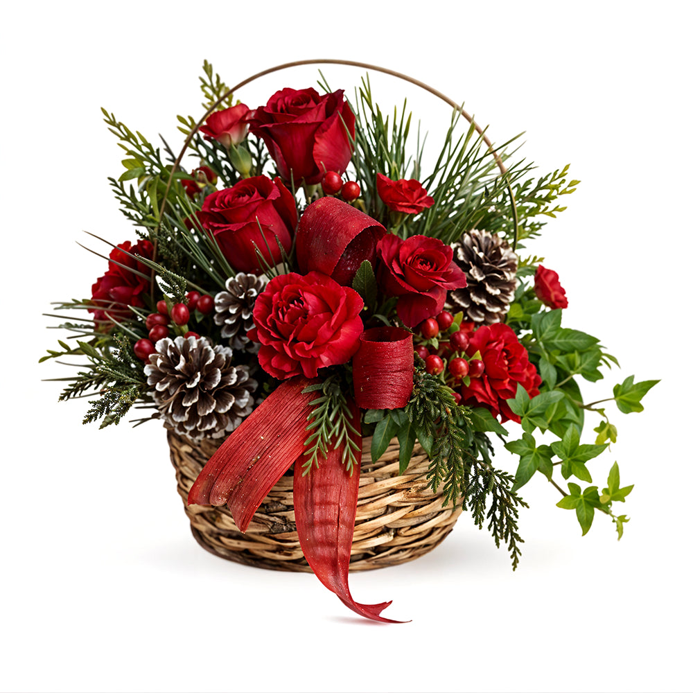 Le Cadeau Parfait pour Noël : Panier Floral, Pommes de Pin et Roses Rouges