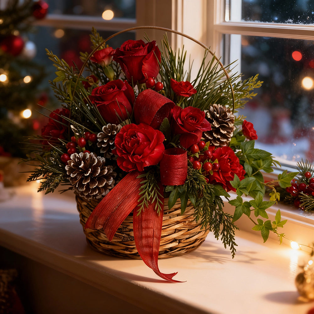 Le Cadeau Parfait pour Noël : Panier Floral, Pommes de Pin et Roses Rouges