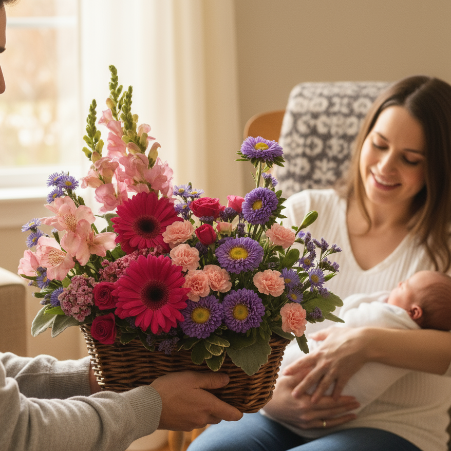Célébrez la Nouvelle Naissance "Pink Beauty" : Panier Floral de Roses, Œillets et Chrysanthèmes