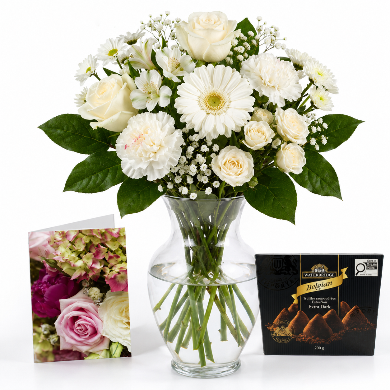 Choix du fleuriste – Bouquet blanc avec vase, carte et truffes