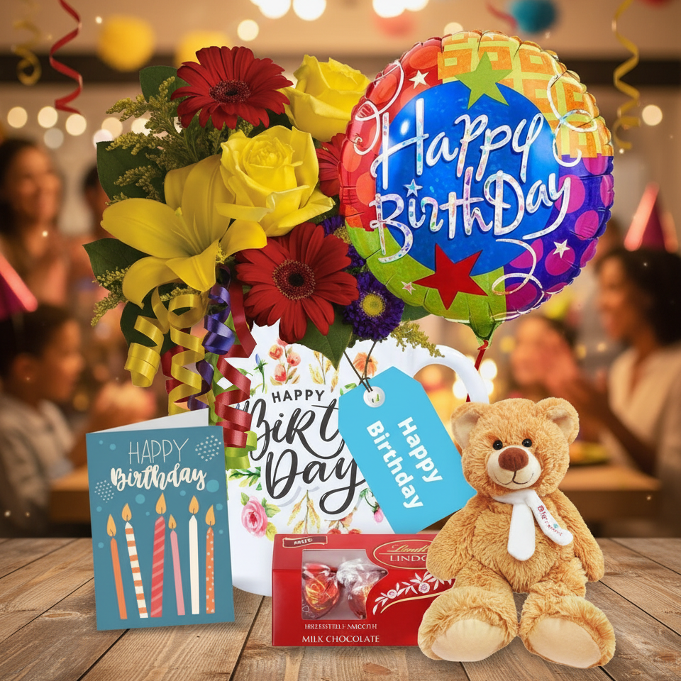 Ensemble de la collection de mugs d’anniversaire IV (6 articles): mug, fleurs, truffes, carte + ourson & ballon