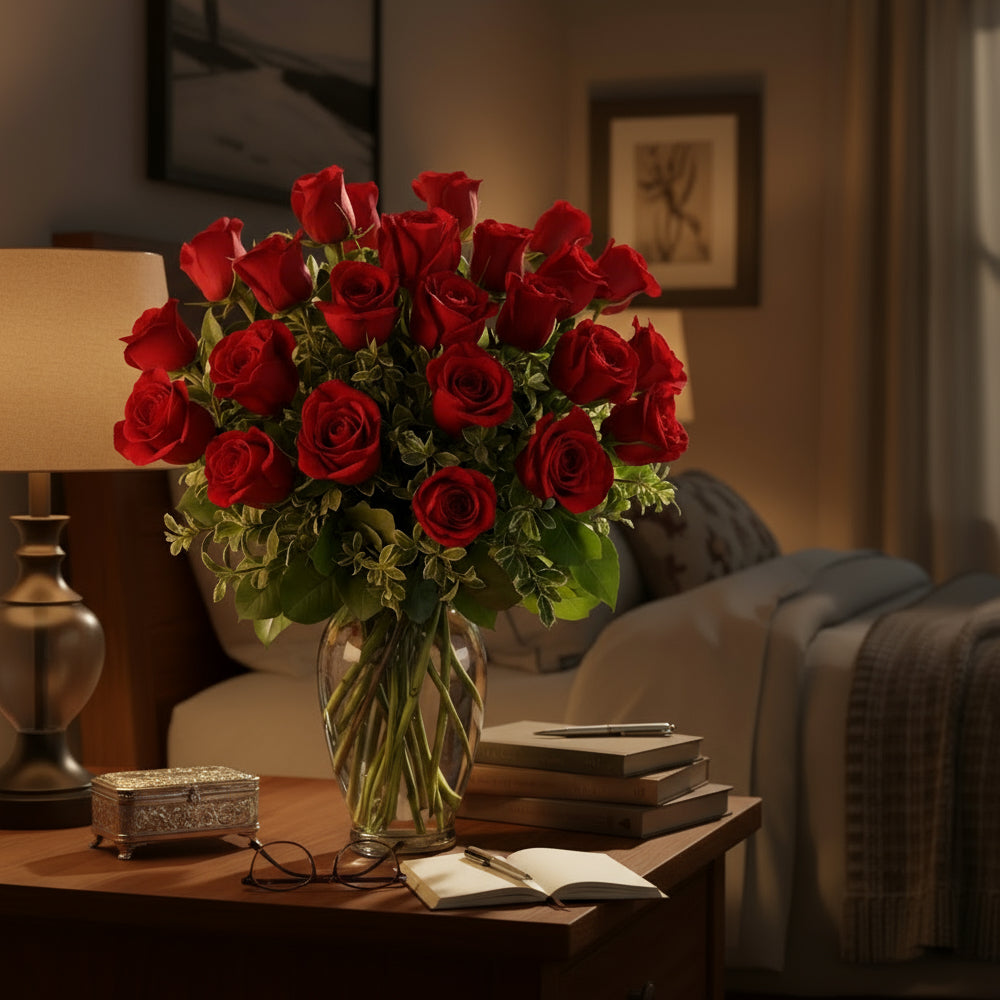 Bouquet de 24 Roses Rouges à Longue Tige