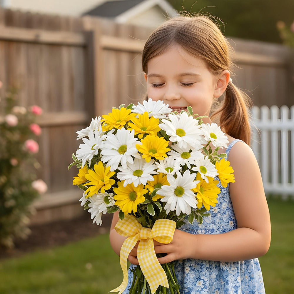 Bouquet of vibrant yellow and white daisies - fresh floral arrangement