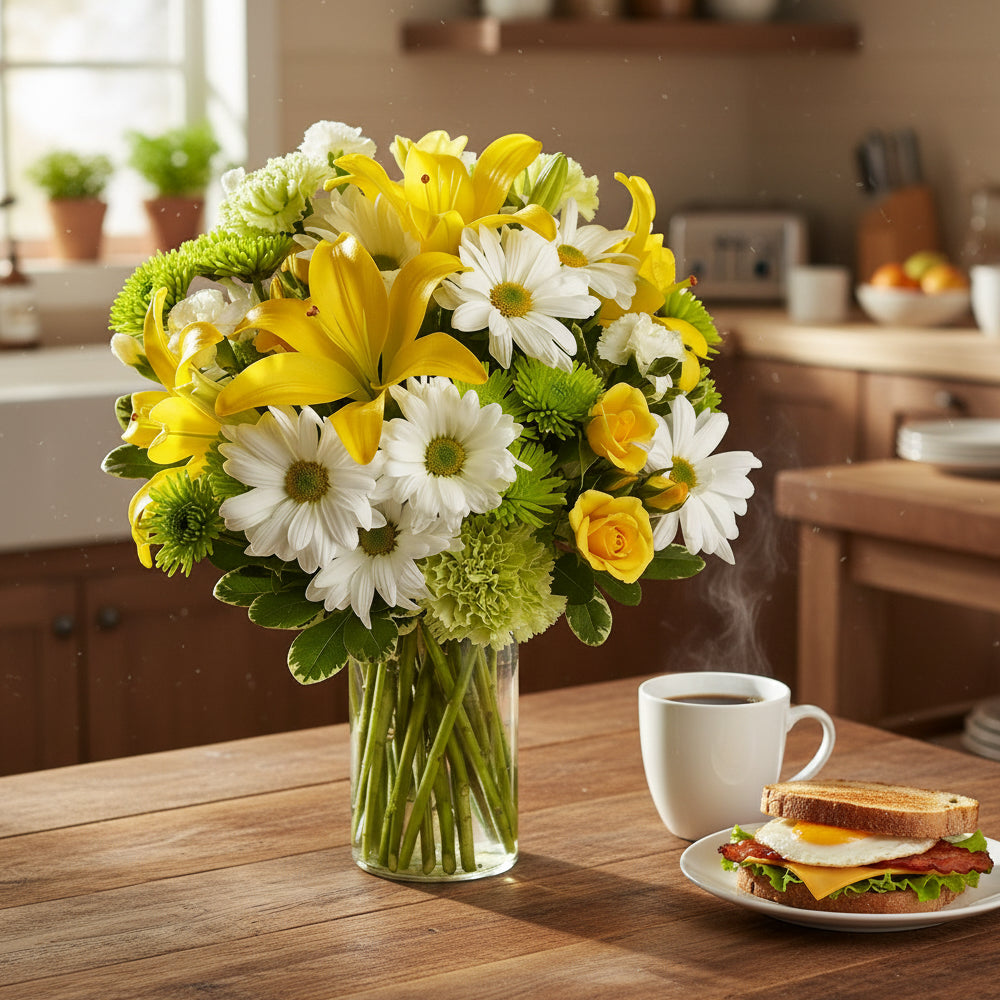"Bright Morning" Bouquet - Yellow, Green and White Roses - Congratulations