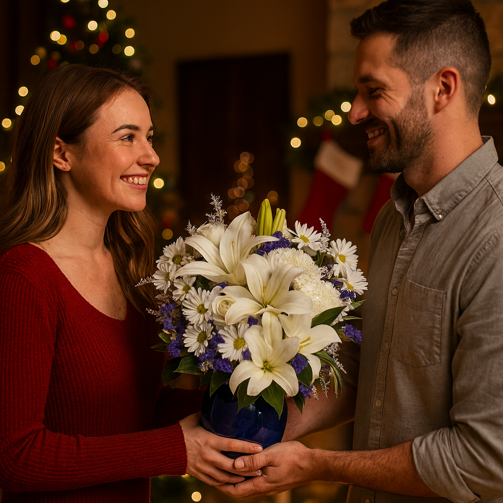 Bouquet "Belle en Bleu" - Roses Bleues, Blanches et Crème Fleur Québec