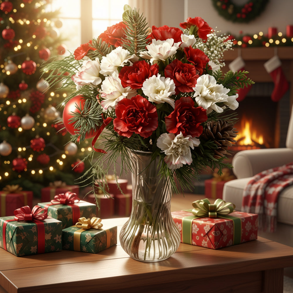 Arrangement floral d’hiver élégant - 24 Œillets Rouges et Blancs, Verdure