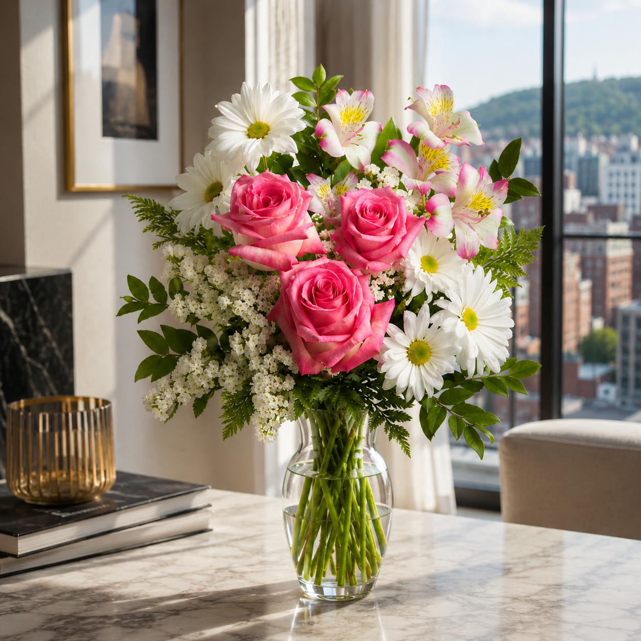 Premium Bouquet "Gourmet Treats" - White and Green Roses - Thank You