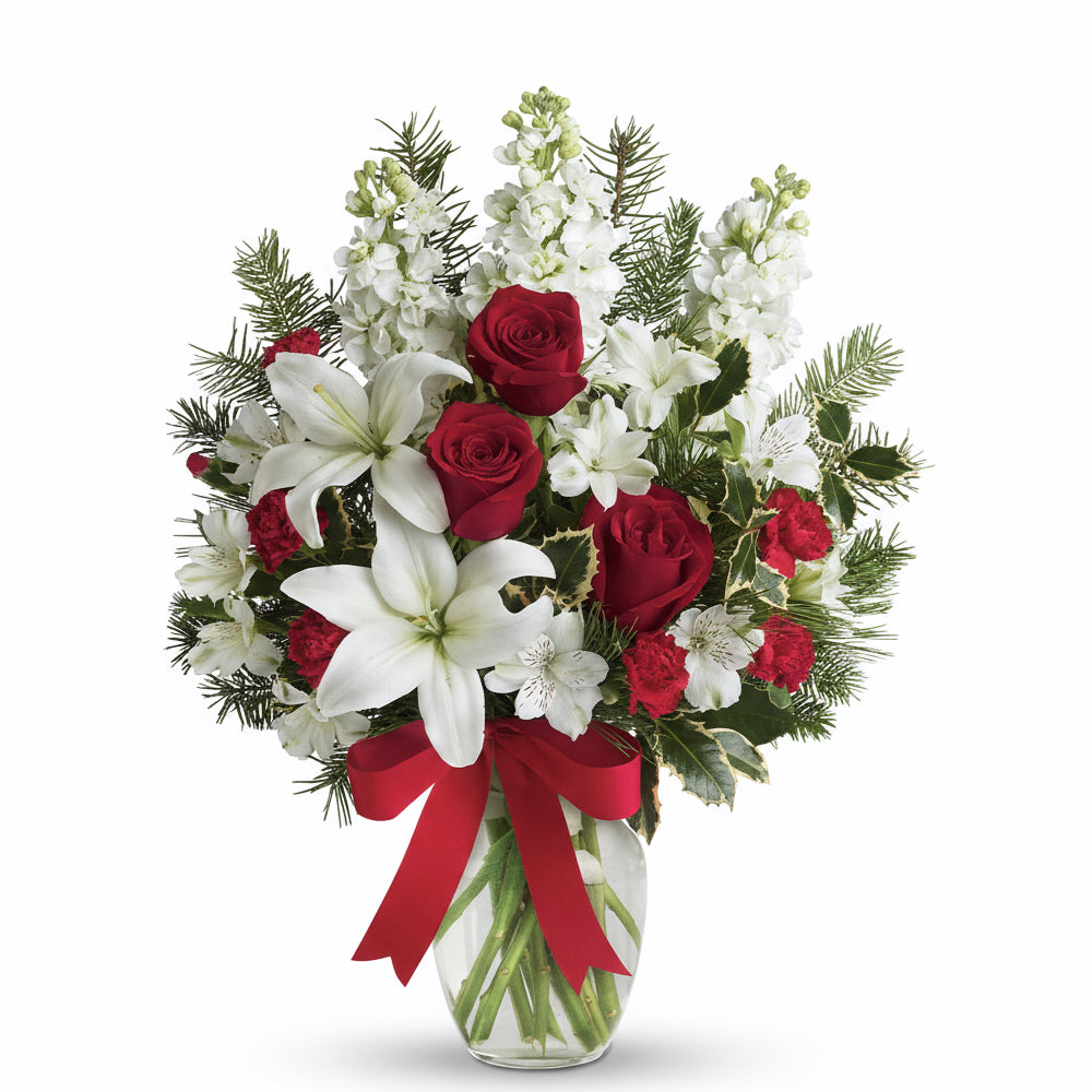 Bouquet Festif "Flocons" - Bouquet Lys Blancs et Roses Rouges (18 tiges) pour Noël