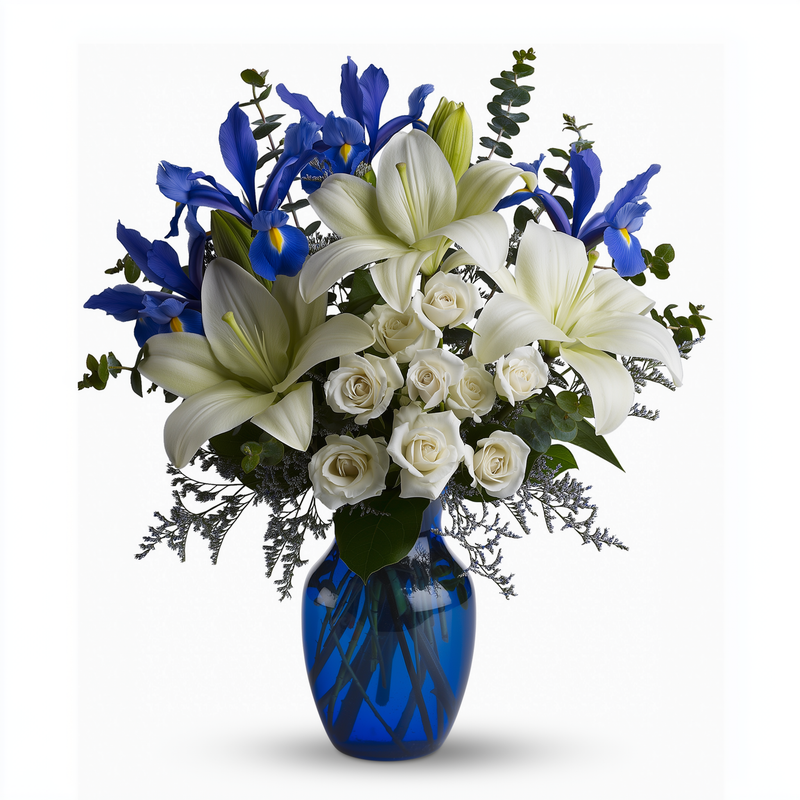 Bouquet "Horizons Bleus " Deluxe – iris hollandais, lys, roses, eucalyptus Fleur Québec