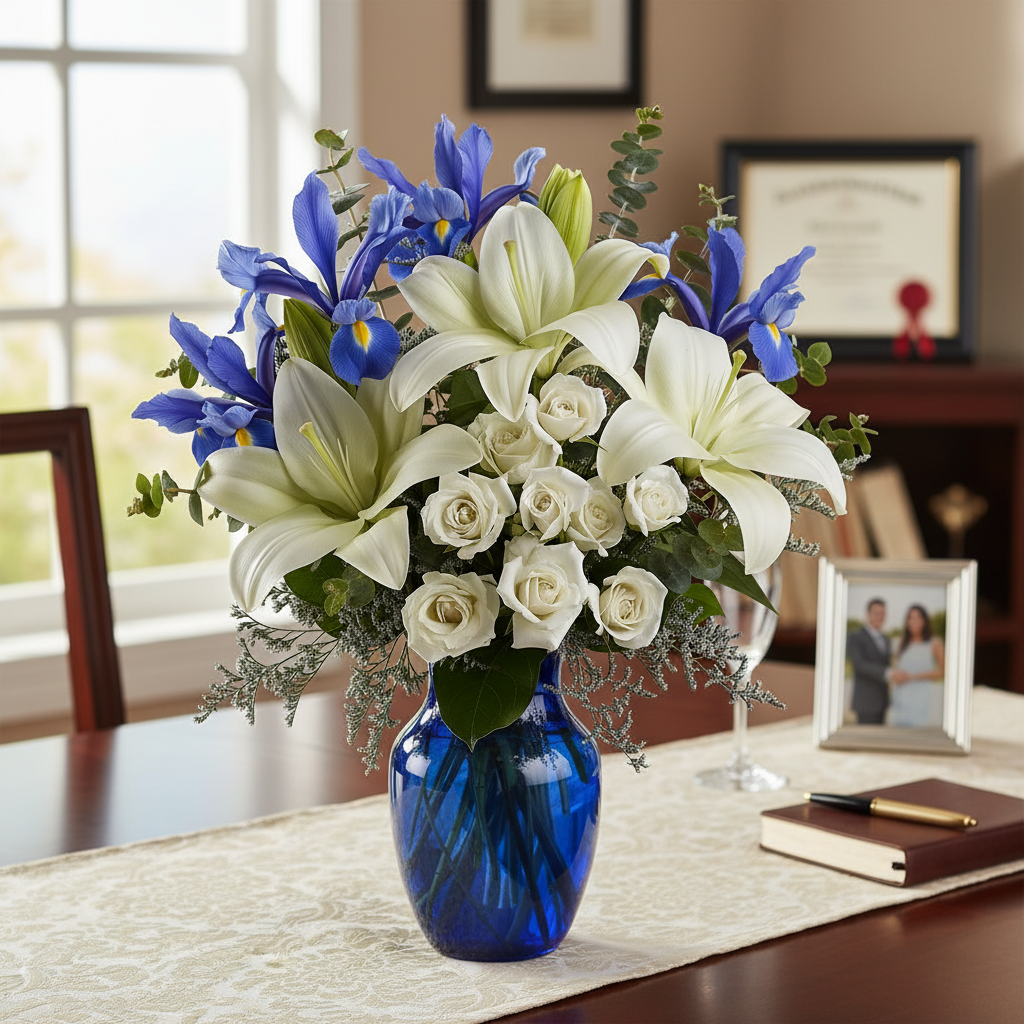 Bouquet "Horizons Bleus " Deluxe – iris hollandais, lys, roses, eucalyptus