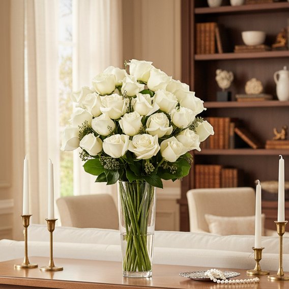 Bouquet de 24 Roses Blanches à Longue Tige
