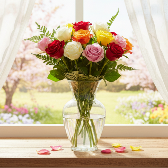 Bouquet de 12 Roses à Longue Tige Multicolores