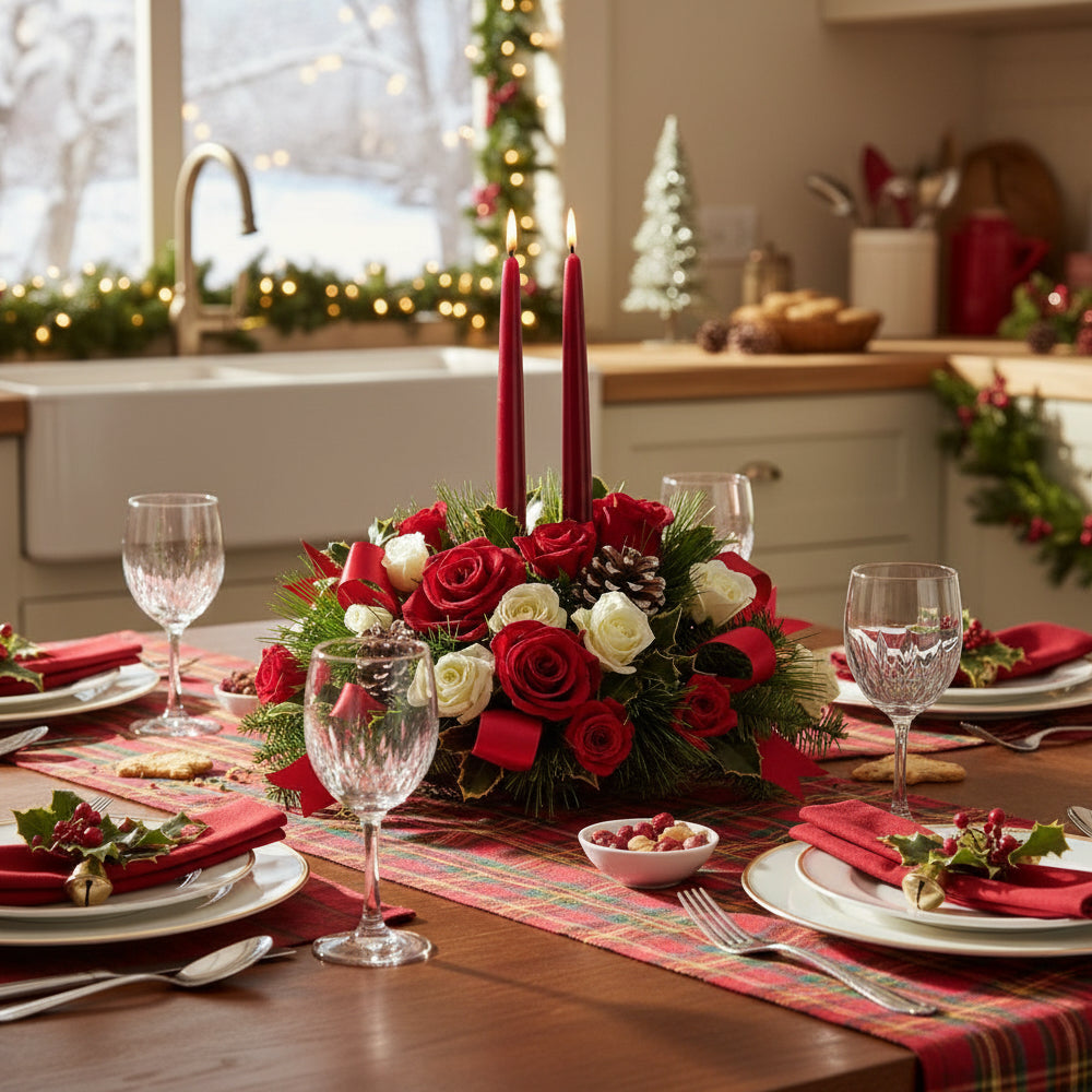 Centre de table de Noël festif avec des couleurs de vacances vibrantes