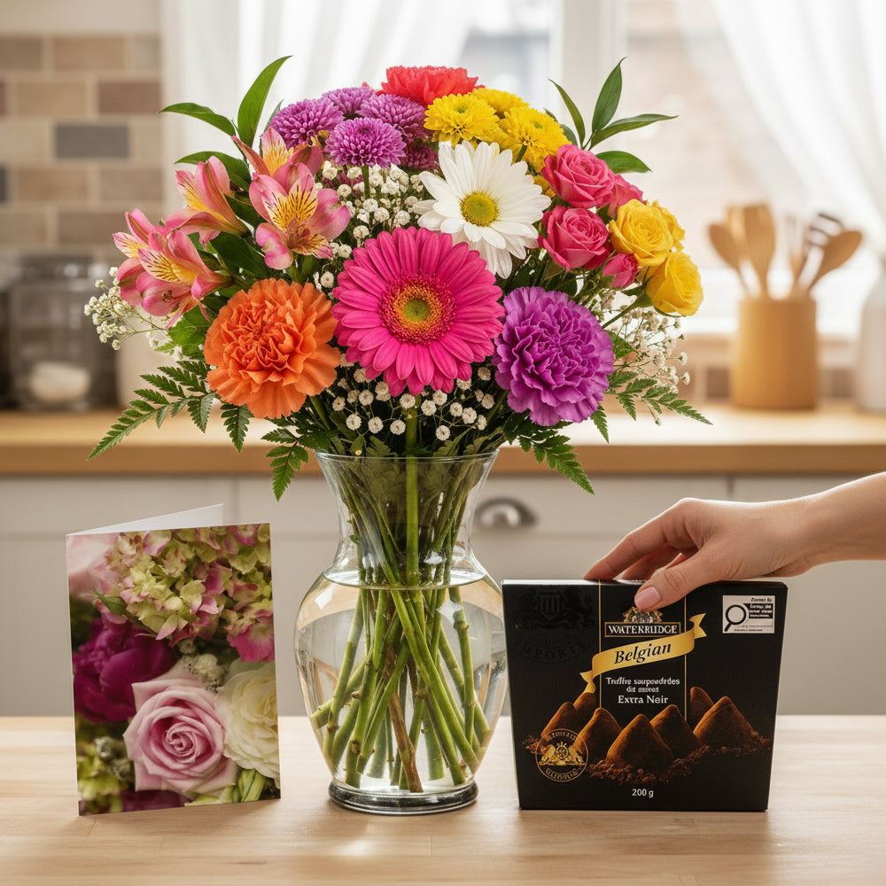 Choix du fleuriste – Bouquet de luxe avec vase, carte et truffes