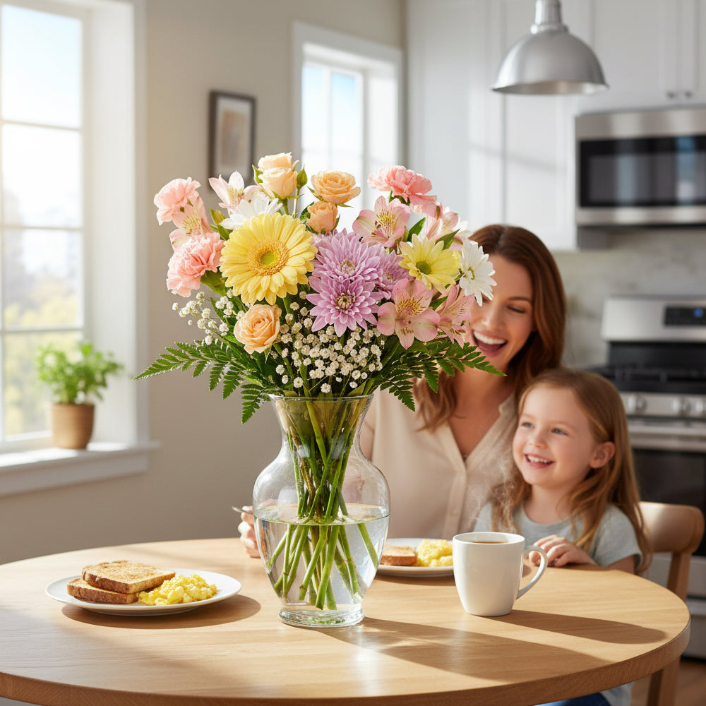 Choix du fleuriste – Couleurs pastel avec vase et carte