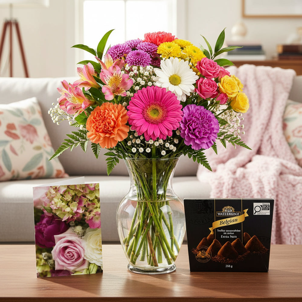 Choix du fleuriste – Couleurs vives avec vase, carte et truffes