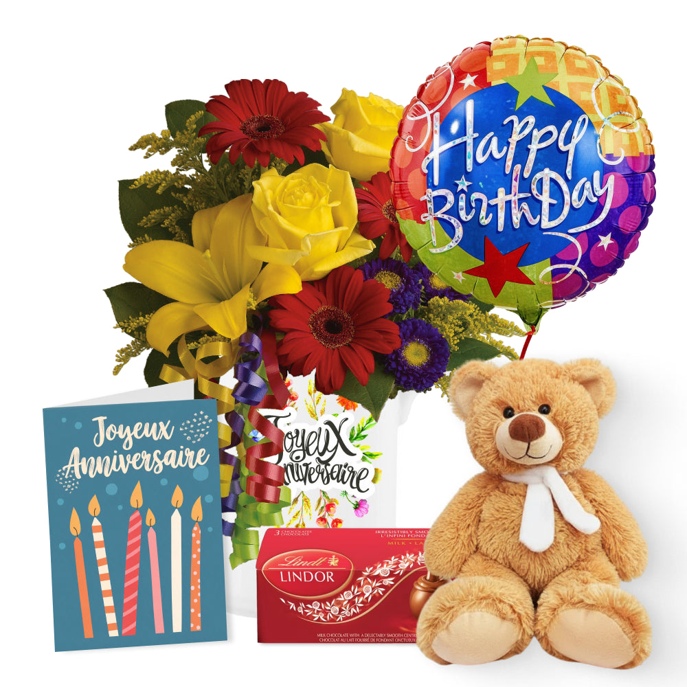 Ensemble de la collection de mugs d’anniversaire IV (6 articles): mug, fleurs, truffes, carte + ourson & ballon
