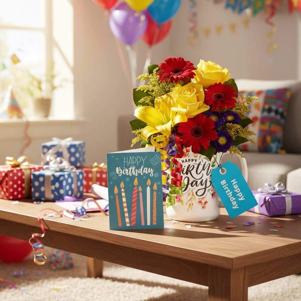Ensemble de la collection de mugs d’anniversaire I : bouquet & carte grand format