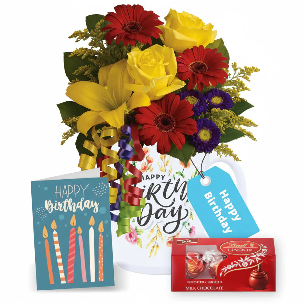 Ensemble de la collection de mugs d’anniversaire III: Mug 11 oz, Bouquet, Lindt & Carte grand forma
