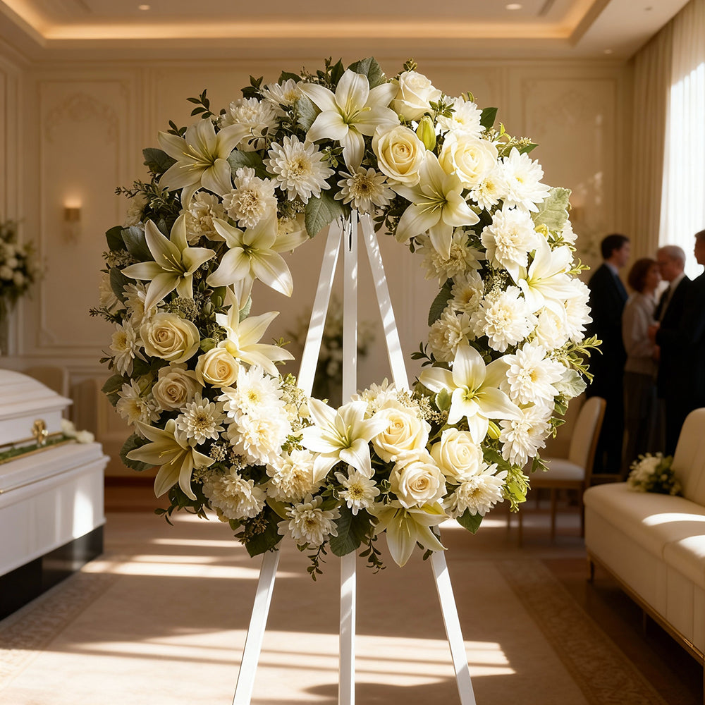 Couronne Premium "Tranquil Serenity" - Roses Blanches - Funérailles