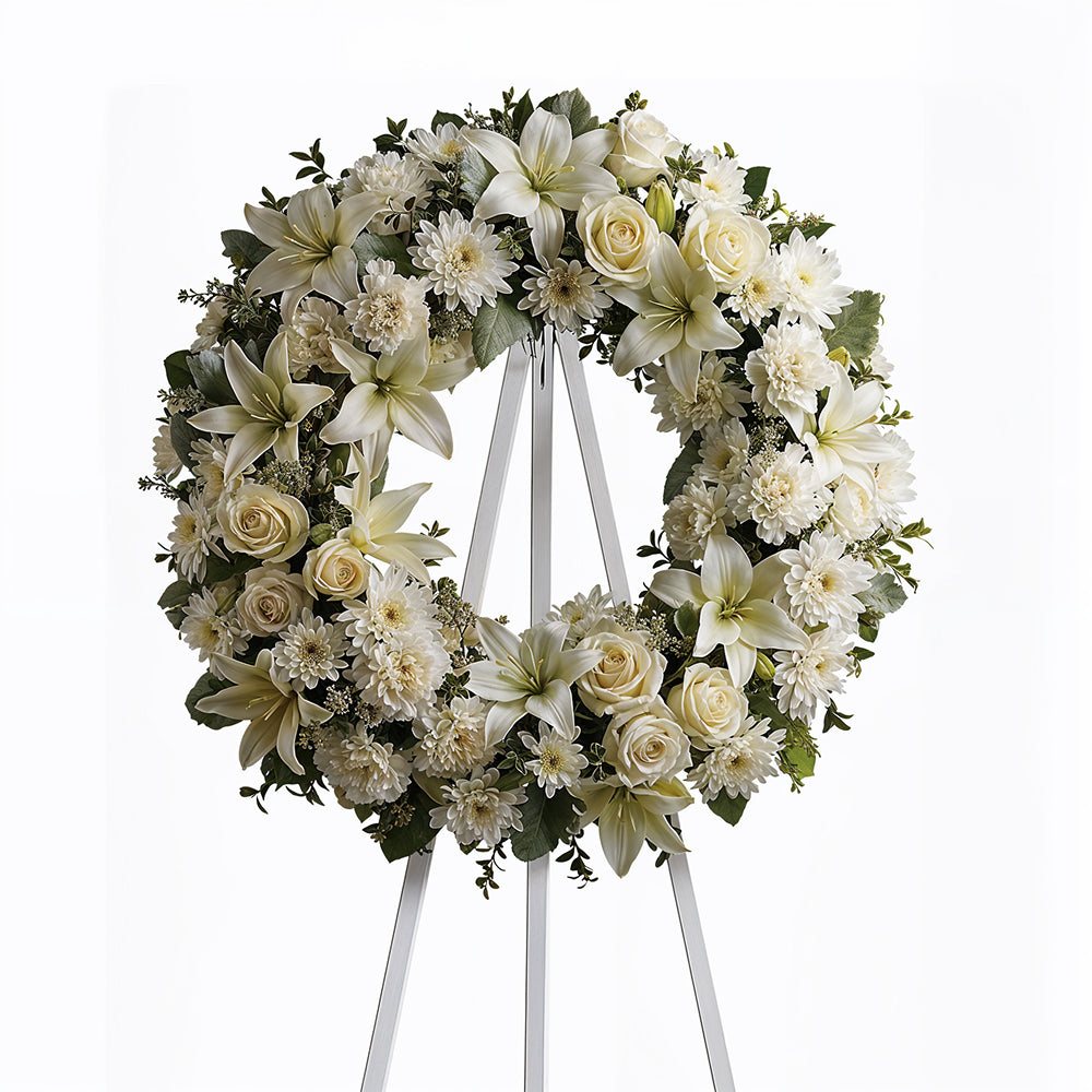 Couronne Premium "Tranquil Serenity" - Roses Blanches - Funérailles