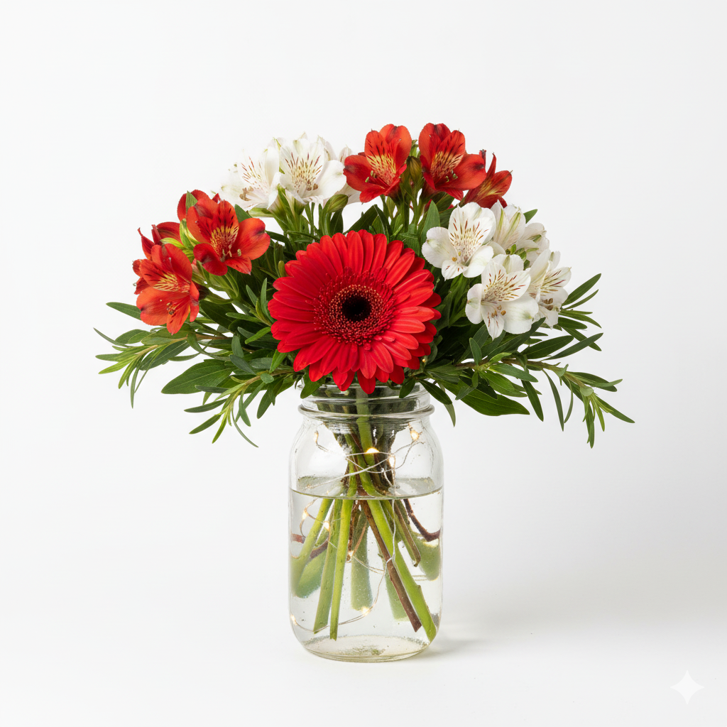 Christmas Lights Mason Jar Bouquet I - Flower Delivery New Zealand