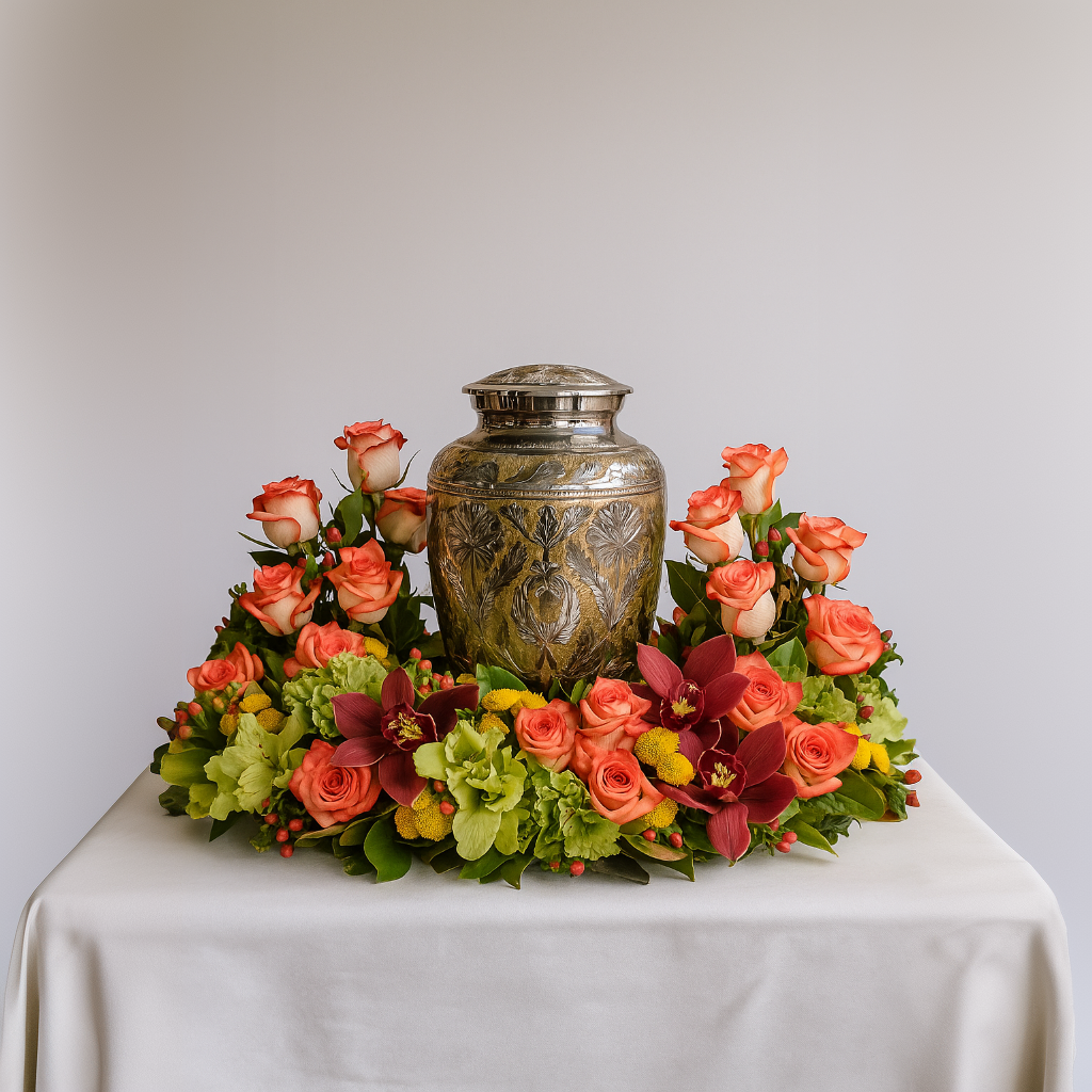 Couronne de Porte "Coucher de Soleil" - Roses Pêche, Jaune et Saumon - Sympathie