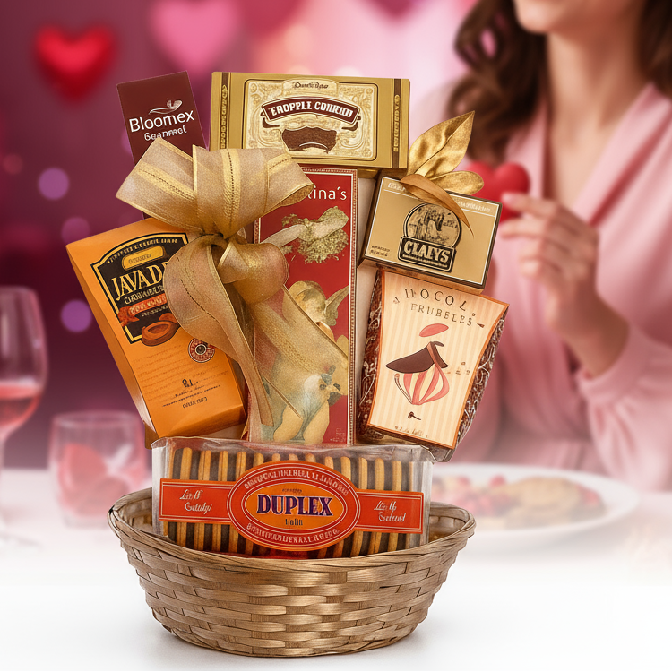 Délicieux Panier cadeau de câlins et de bisous au chocolat