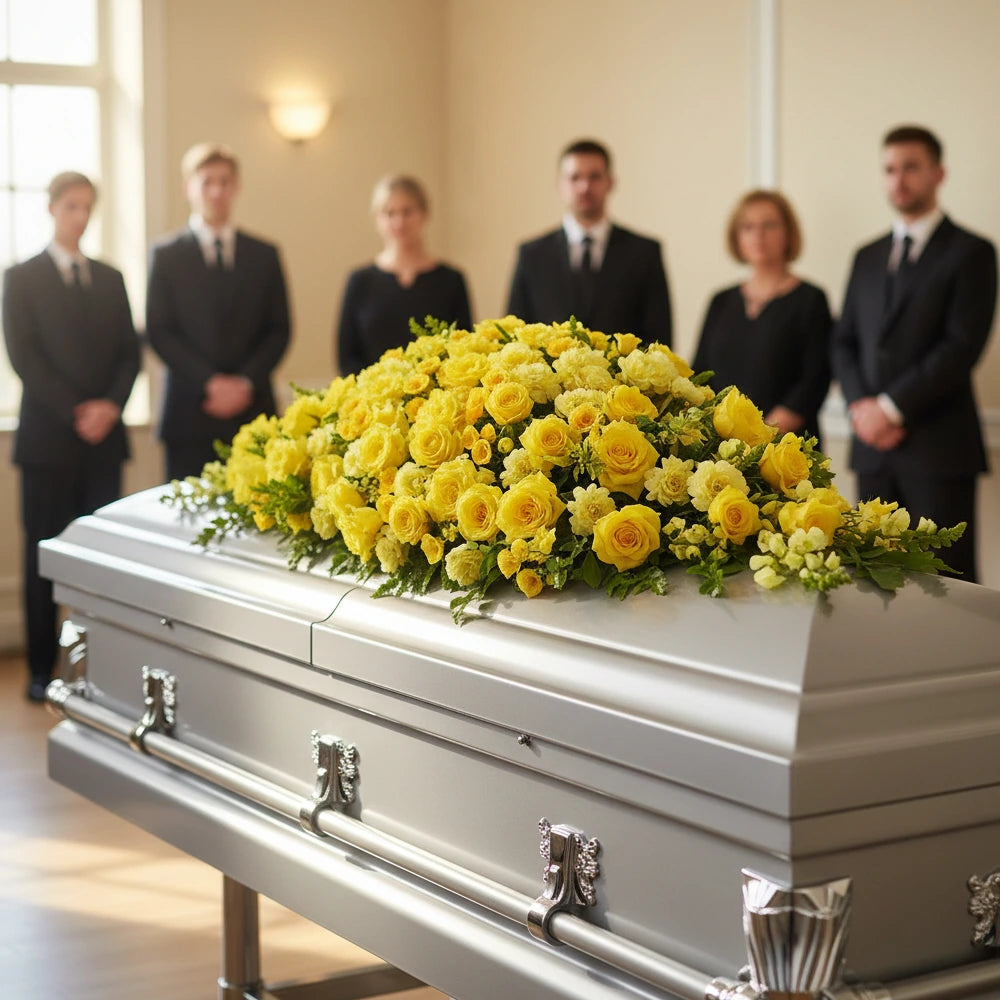 Élégant arrangement de pulvérisation de cercueil funéraire Golden Garden