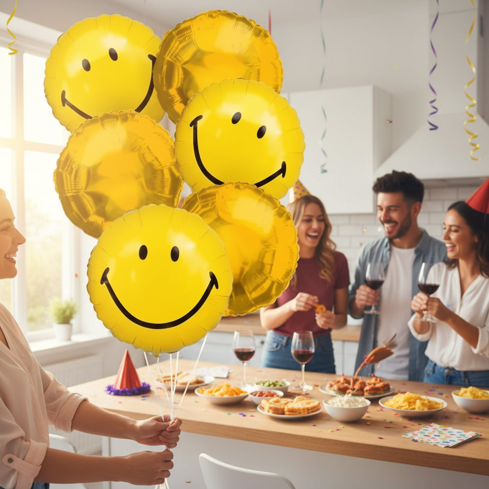 Set of 6 vibrant smiley face balloon bouquets - perfect for celebrations