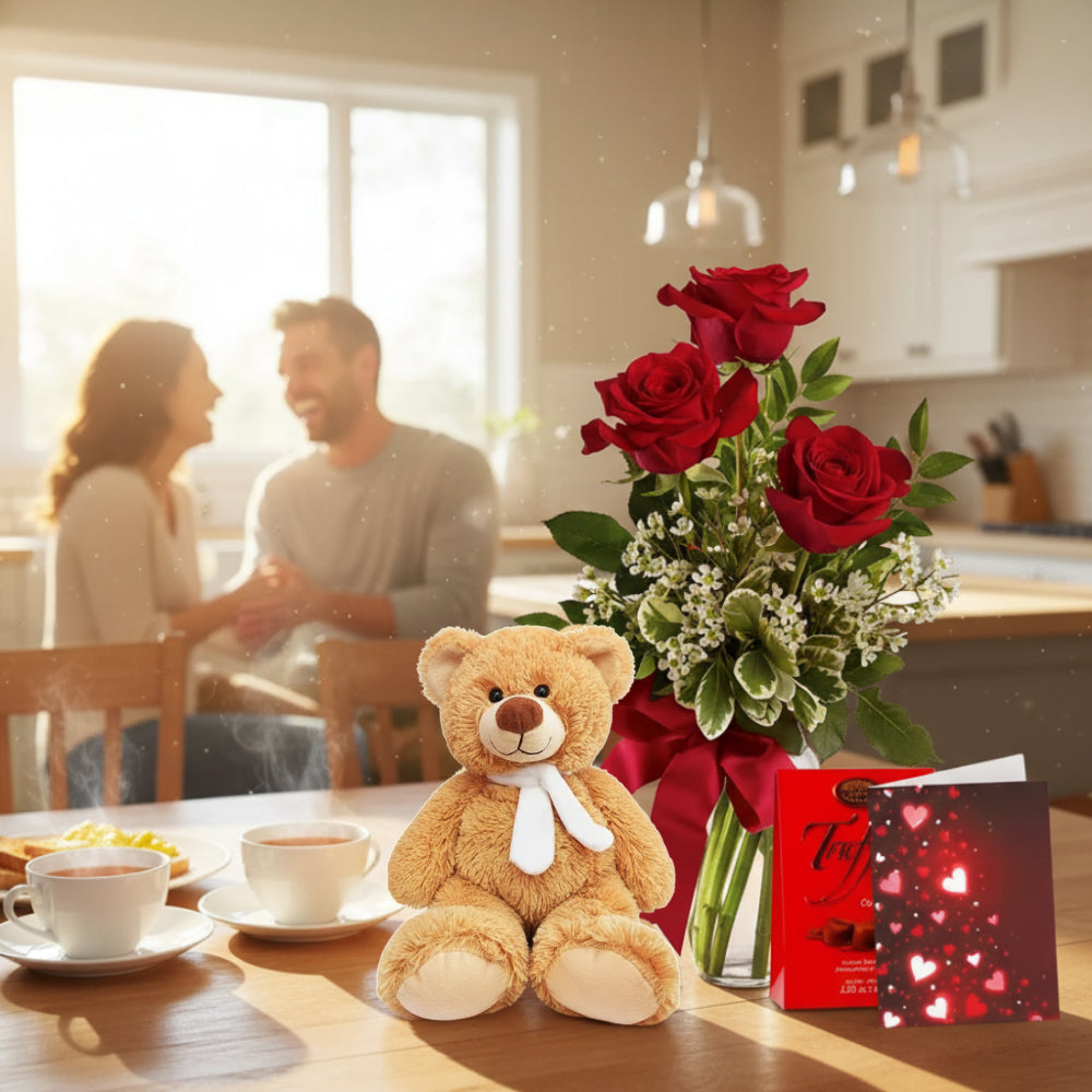 Ensemble de Luxe: Roses Rouges, Ours en Peluche et Truffes