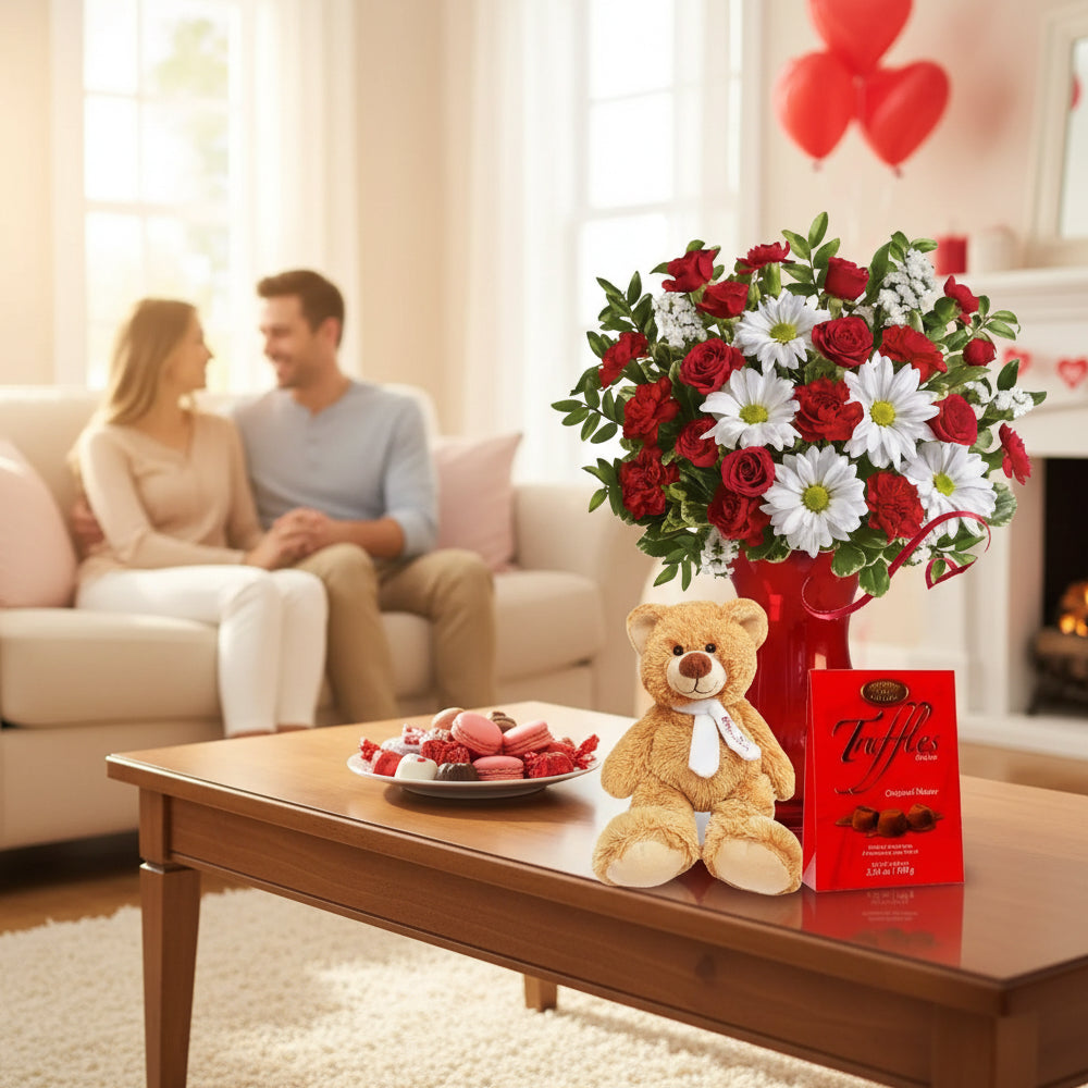 Ensemble Exclusif Amoureux : Roses Rouges, Œillets, Truffes & Ours en Peluche - Romance Douce III