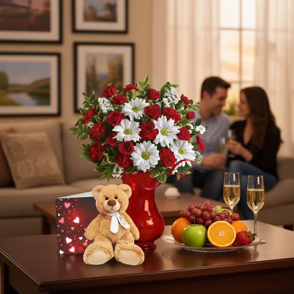 Ensemble Exclusif Amoureux : Roses Rouges, Ours en Peluche & Carte - Romance Douce II