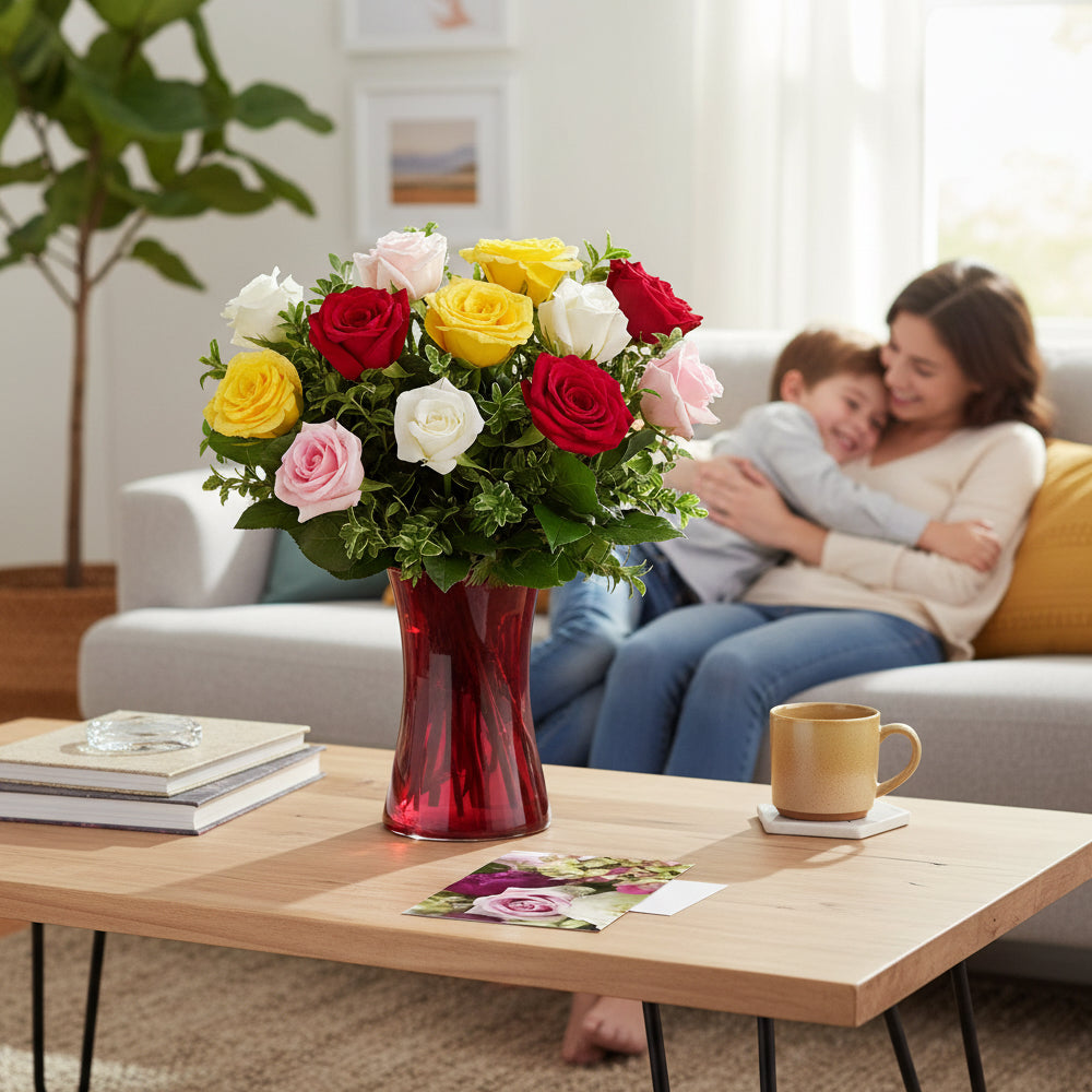 Ensemble "Pour Maman III" - 12 Roses Assorties Colorées