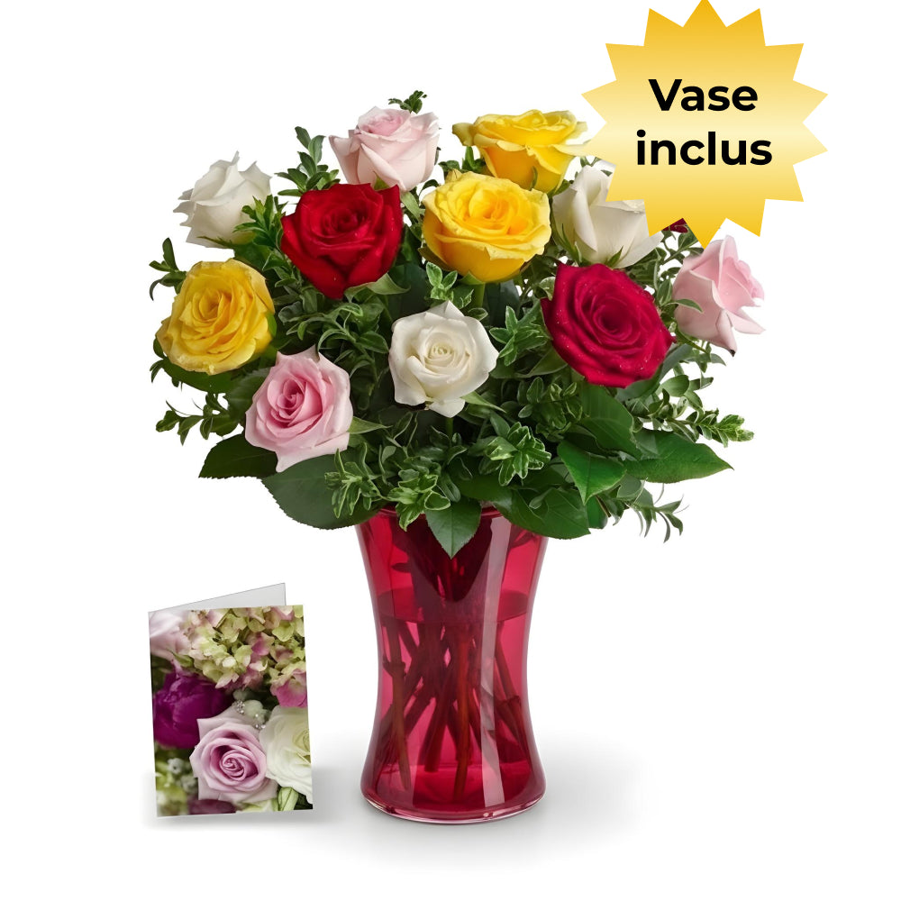 Ensemble "Pour Maman III" - 12 Roses Assorties Colorées