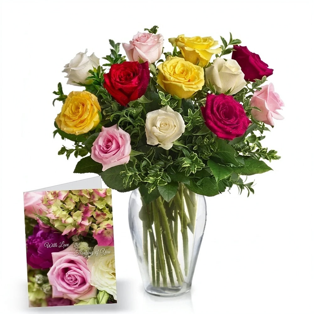 Ensemble "Pour Maman" - 12 Roses Assorties Colorées
