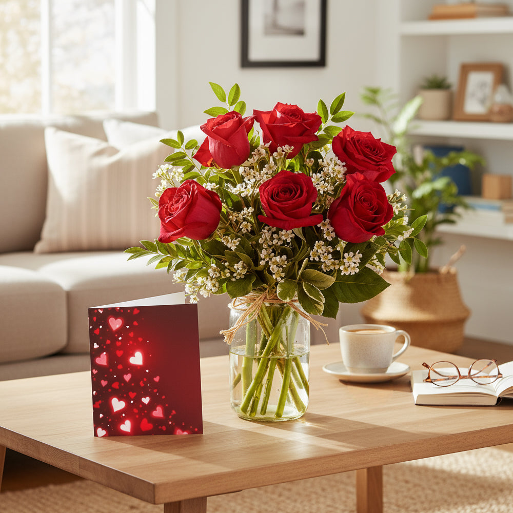 Surprise Romantique Garanti : Ensemble 6 Roses Rouges Pot Mason