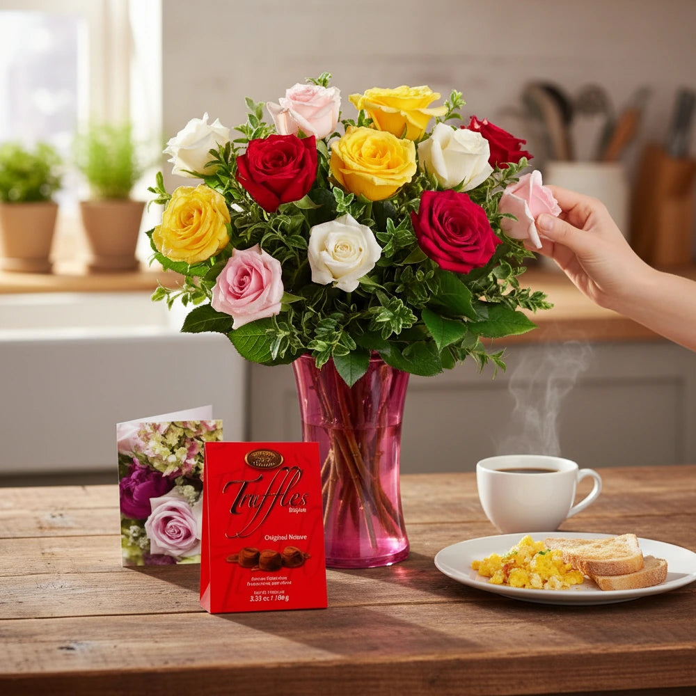 Ensemble "Pour Maman IV" - 12 Roses Assorties Colorées