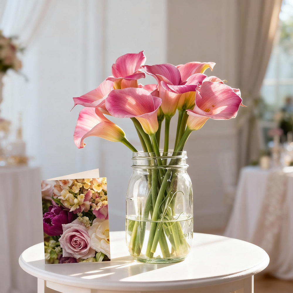 Ensemble Luxueux de Lys Calla Roses (8 Tiges) en Pot Mason