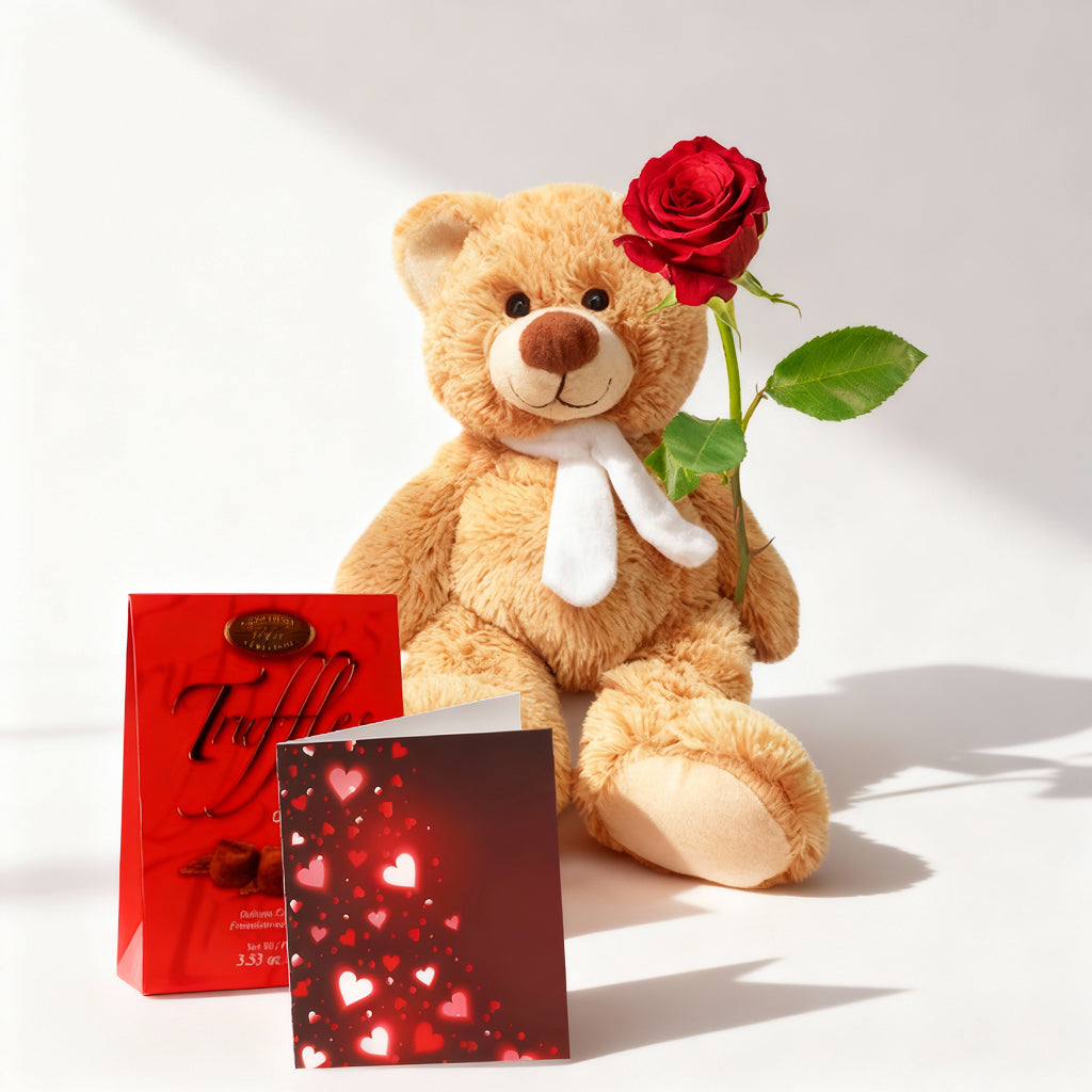 Ensemble : Rose Rouge, Truffes, Carte d'Amour et Ours en Peluche de Luxe - Fleur Quebec