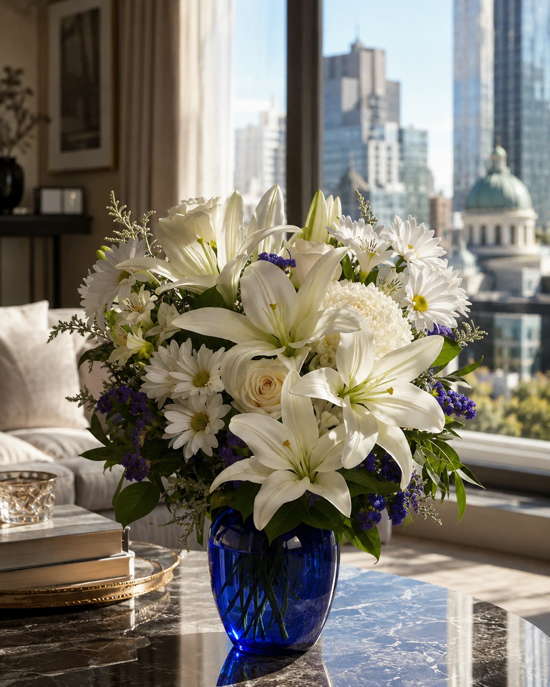 "Beauty in Blue" Bouquet - Blue, White and Cream Roses