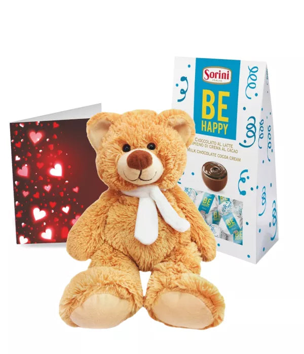Ours en peluche avec chocolats Sorini et carte de souhaits Fleur Québec