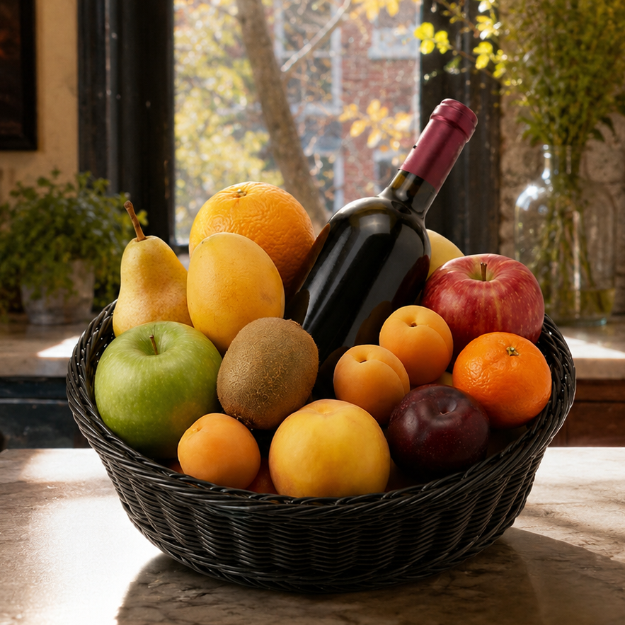 Panier de fruits et vin rouge