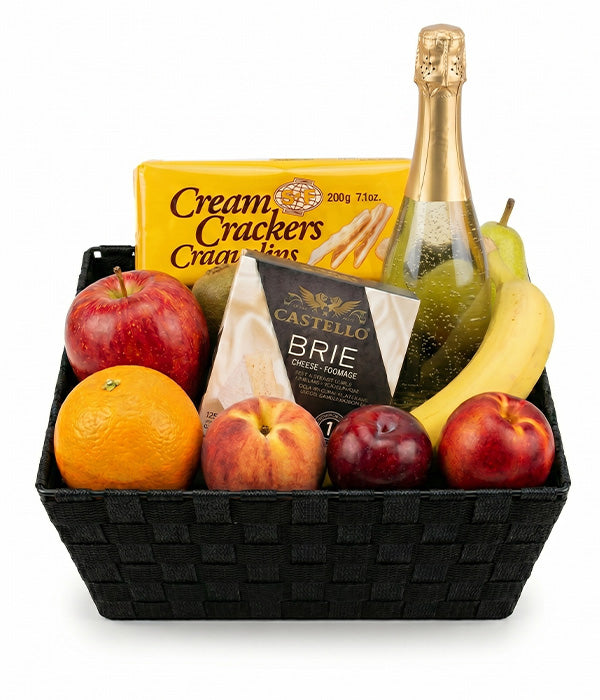 Panier de fruits, mousseux et fromage