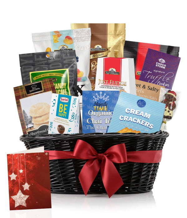 Gourmet gift basket with snacks and card