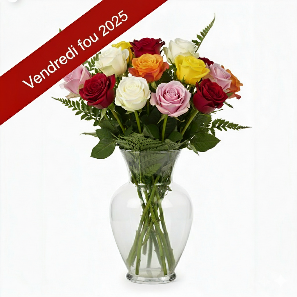 VENDREDI FOU - PRODUIT VEDETTE: Bouquet de 12 Roses à Longue Tige Multicolores