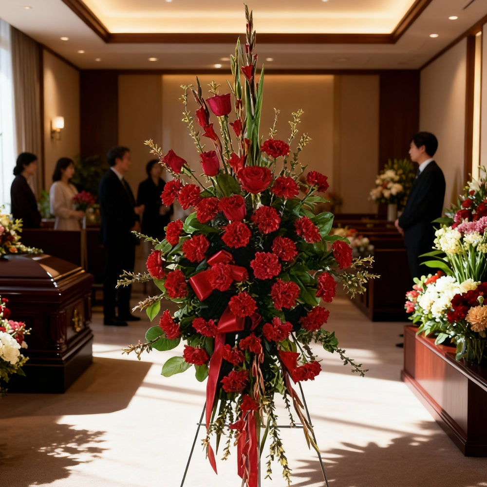 Gerbe "Chaleureux Souhaits": Roses rouges, mufliers & œillets (23x46 po)